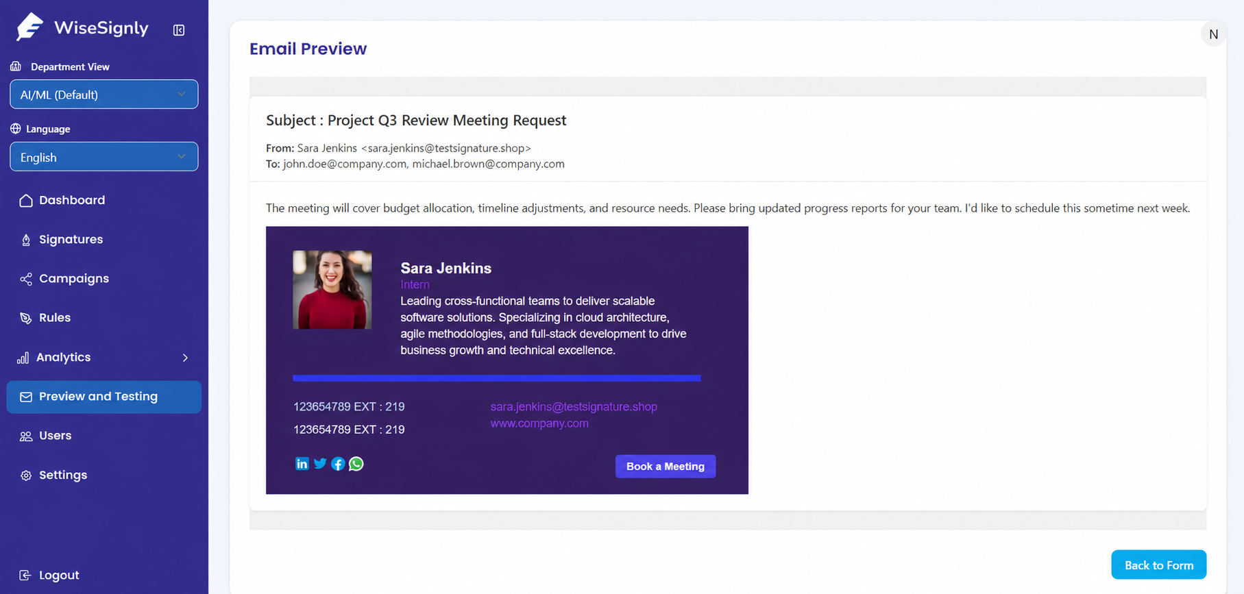 WiseSignly preview and testing